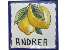 Load image into Gallery viewer, Customized Wedding Coasters with blue stripes and Amalfi Lemon
