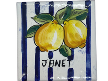 Load image into Gallery viewer, Customized Wedding Coasters with blue stripes and Amalfi Lemon