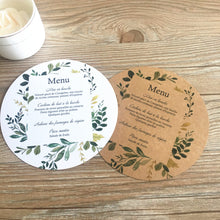 Load image into Gallery viewer, Round shaped Rustic & Elegant Wedding Menu 50 pcs