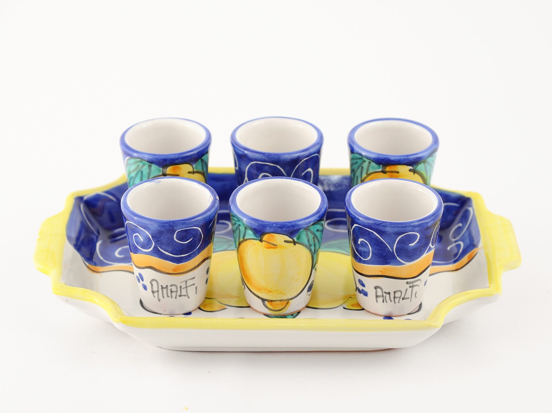 Hand painted Limoncello Ceramic glasses with tray – Amalfi Wedding Essence