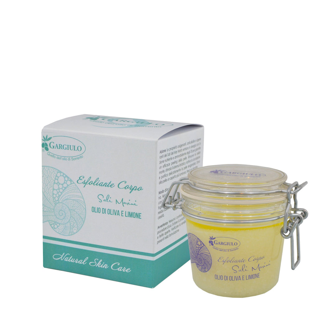 Body exfoliating cream with mineral salts, olive oil, and lemon