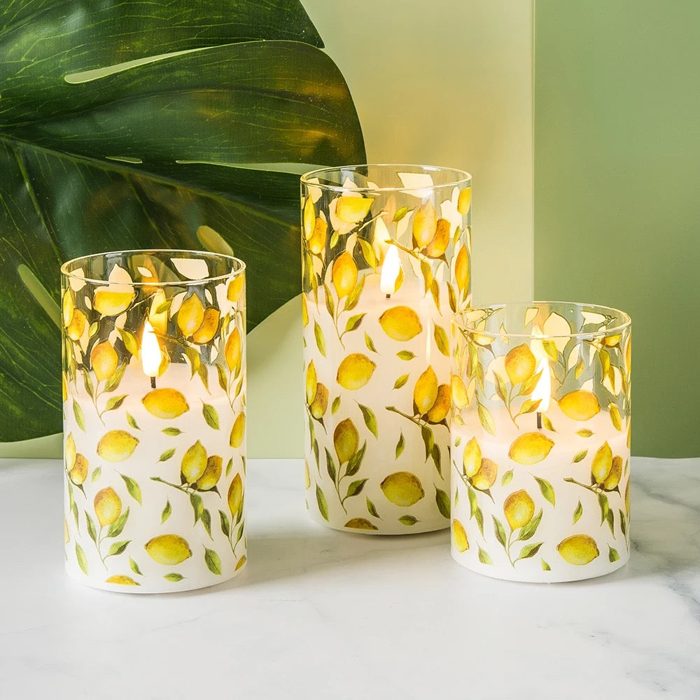 Led Candle in Lemon Decorated Glass (set of 3)