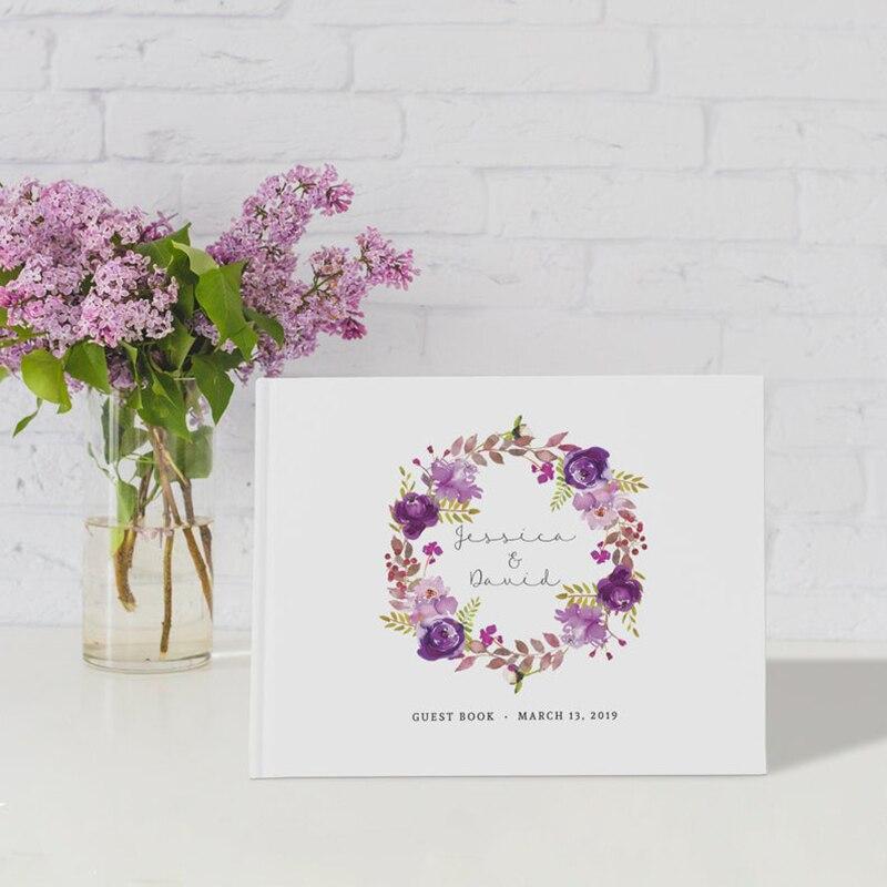 Purple Floral Calligraphy Guest Book with printed callighraphy