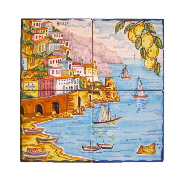Hand Painted Tiles of Positano Sunset / Amalfi Landscape (Set of 4 tiles)